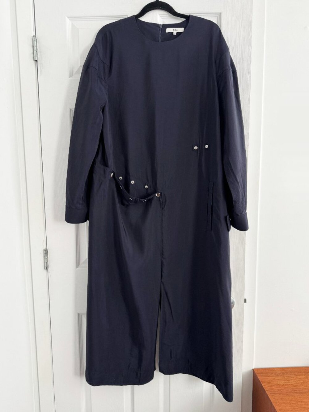 Tibi Viscose Plainweave Asymmetric Flap Snap Dress in Navy, size 12 - Picture 7 of 11